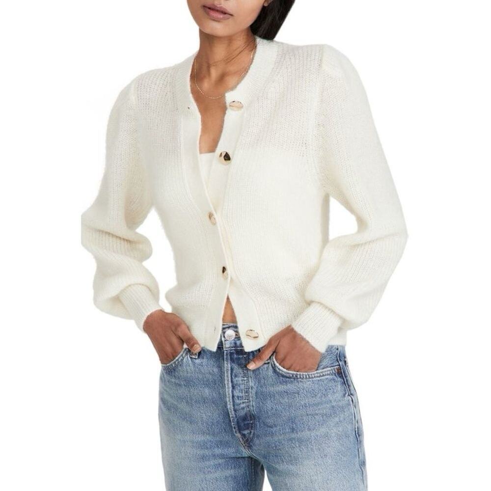 BA&SH Baylor Wool Mohair Puff Sleeve Cardigan Medium Ivory Gold Buttons